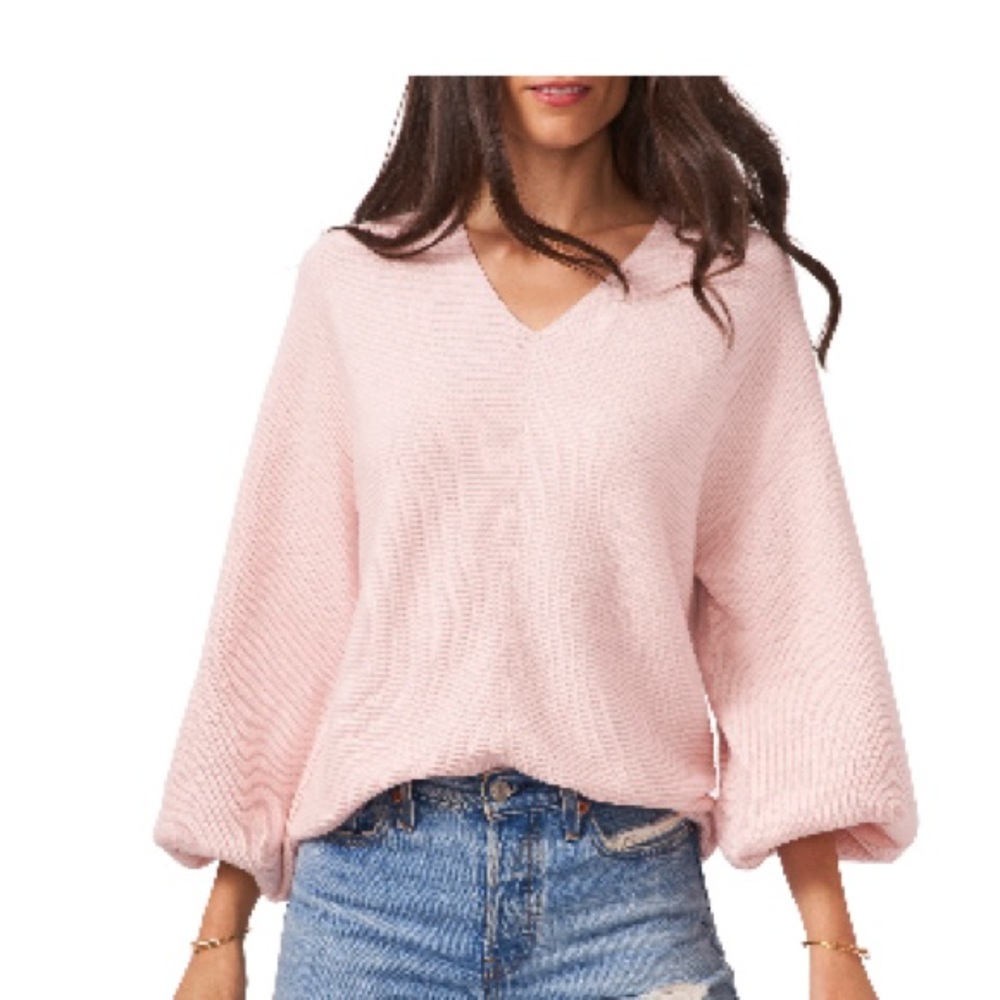 1. State light, pink balloon, sleeved blend sweater size medium.